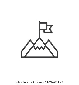 Mountains with flag on peak outline icon. linear style sign for mobile concept and web design. Goal achievement simple line vector icon. Symbol, logo illustration. Pixel perfect vector graphics