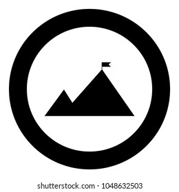 Mountains with a flag on top it is the black color icon  in circle or round