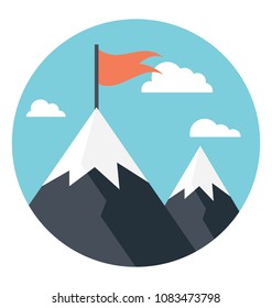 
Mountains with flag on the top, concept of business mission flat icon 
