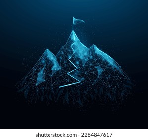 Mountains with flag on the top. Mountain path. Success business startup, innovation, growth, travel, freedom concept. Polygonal wireframe vector illustration.