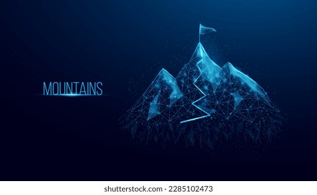 Mountains with flag on the top. Mountain path. Success business startup, innovation, growth, travel, freedom concept. Polygonal wireframe vector illustration