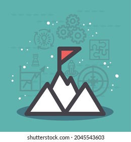 mountains with flag and strategy icons on green background