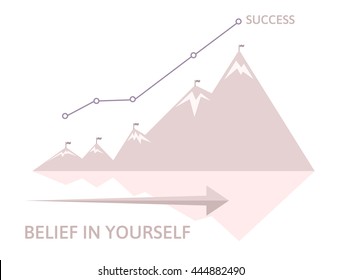 Mountains with flags on top with target points. Success and motivation illustration with arrows and histogram line. 