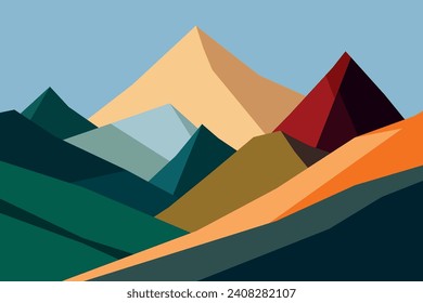 Mountains flat color illustration. Abstract simple landscape. Colorful hills. Multicolored abstract shapes. Vector design art