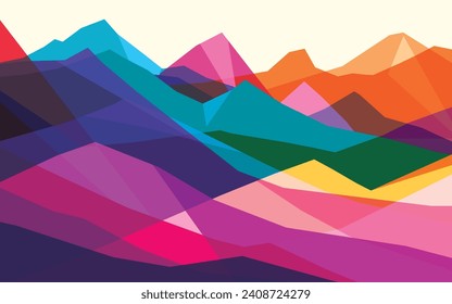 Mountains flat color illustration. Abstract simple landscape. Colorful multiply hills. Multicolored abstract shapes. Vector design art