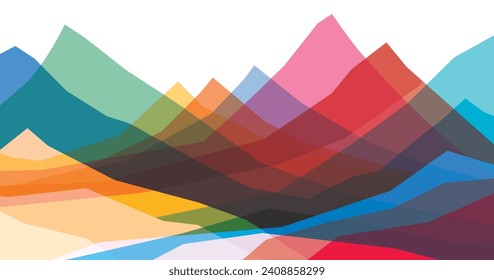 Mountains flat color illustration. Abstract simple landscape. Colorful multiply translucent glass hills. Multicolored abstract shapes. Vector design art