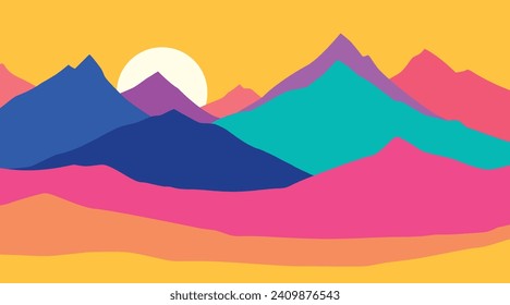 Mountains flat color illustration. Abstract simple landscape. Colorful hills. Multicolored abstract shapes. Vector design art