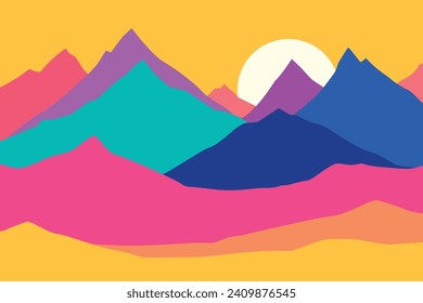 Monta una ilustración de color plano. Resumen paisaje simple. Coloridas colinas. Formas abstractas multicolores. Arte de diseño de vectores
