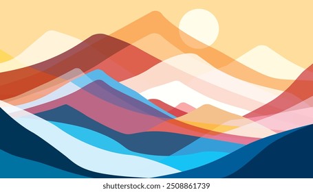 Mountains flat color illustration. Abstract simple landscape. Colorful multiply translucent glass hills. Multicolored abstract shapes. Vector design art
