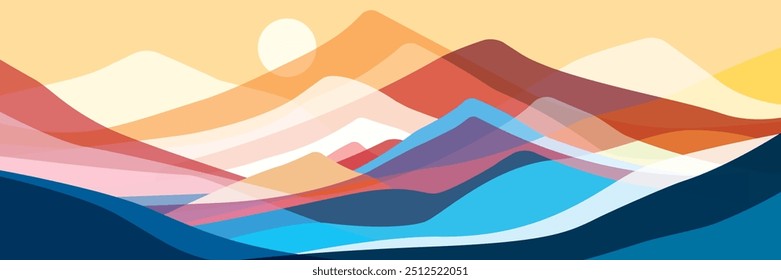 Ilustração em cores planas das montanhas. Paisagem simples abstrata. Colunas de vidro translúcido de multiplicação colorida. Formas abstratas multicoloridas. Arte de design vetorial