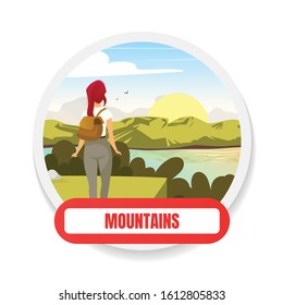 Mountains flat color vector badge. Trekking on hills peak. Adventure and toursim. Backpacking and wilderness exploration. Hiking graphic sticker. Expedition isolated cartoon design element