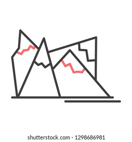 Mountains flat line icon. Rocky mountain symbol, rocks and peaks sign on white background
