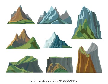 Montañas planas con rocas de diferente forma y altura aisladas en ilustración vectorial de fondo blanco