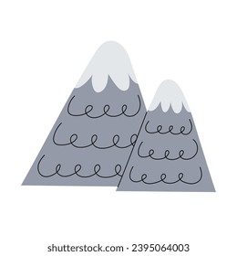 Mountains in flat style. Hand drawn snowy mountains. Nature, travel, doodle.
