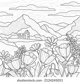 Mountains and flowers abstract concept. Linear Coloring book with beautiful landscape, plants and rustic house. Antistress for children and adults. Cartoon contemporary flat vector illustration