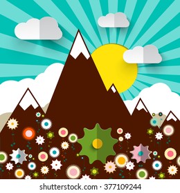 Mountains with Flowers Retro Flat Design Vector Illustration