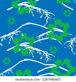 Mountains and flowers seamless pattern in a blue background. Vector illustration in green and white. Summer print.
