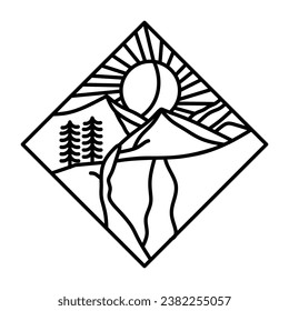 Gebirge mit florierenden Flüssen Monoline Design