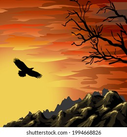 Mountains and a flying bird in the illustration.Silhouette of a bird and mountains on a background of sunset in color vector illustration.