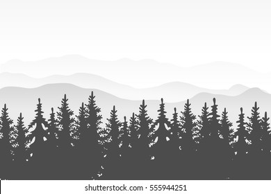 Mountains in the fog. Coniferous forest. Mountain landscape, hills, river and trees. Landscape with Mountain Peaks. The silhouettes of the mountains against the dawn. Vector illustration. Background