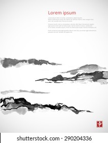 Mountains in fog hand drawn with ink in traditional Japanese painting style sumi-e on white background. Contains hieroglyph "happiness". Vector illustration.