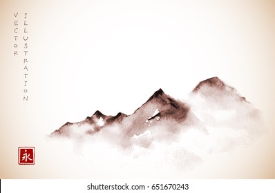 Mountains in fog hand drawn with ink in minimalist style. Traditional vintage oriental ink painting sumi-e, u-sin, go-hua. Hieroglyph - eternity 