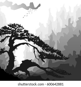 Mountains in the fog, a lonely pine. Vector design. Monochrome
