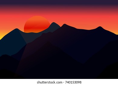 Mountains in the fog. Seamless background. Bright evening sunset vector