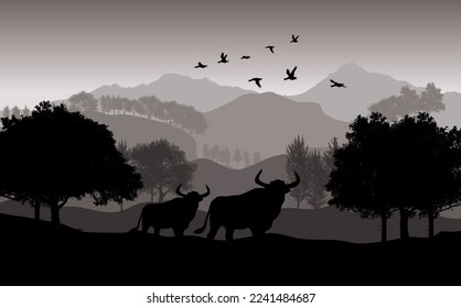 mountains forest  background with buffalo