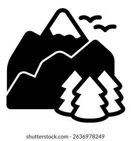 Mountains with forest and birds solid icon, eco tourism concept. Vector graphics. Nature landscape sign on white background, style mobile or design