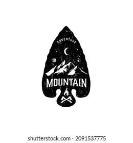 Mountains and forest black vector badge, label, emblem or logo isolated on white background with removable grunge texture