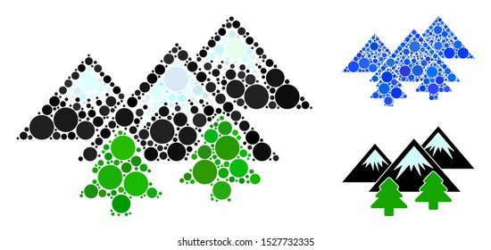 Mountains forest composition of small circles in variable sizes and color tints, based on mountains forest icon. Vector small circles are united into blue composition.