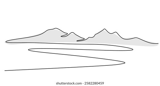 Mountains and forest in continuous line drawing. Depiction of a natural landscape representing wilderness and serenity. Vector illustration hand drawn.