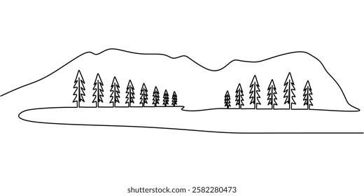 Mountains and forest in continuous line drawing. Depiction of a natural landscape representing wilderness and tranquility. Vector illustration hand drawn.