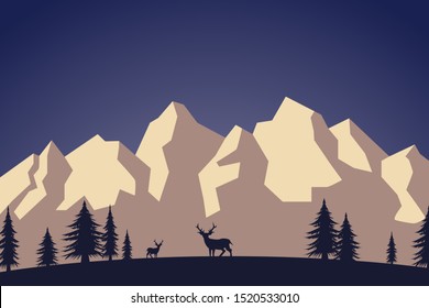 mountains, forest and deer landscape