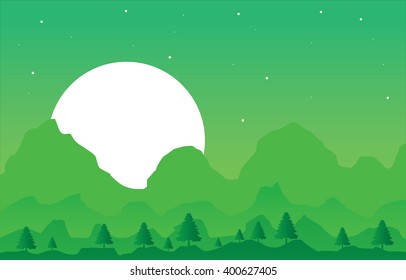 Mountains and forest during night with moon and stars vector landscape.