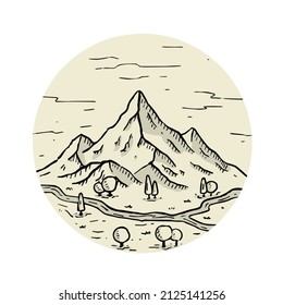 Mountains with forest in engraving style. Logo of highlands landscape and peak in circle. Hand drawn design. Rocky ridge.
