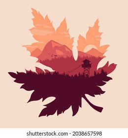 Mountains and forest in the evening light. Maple leaf.