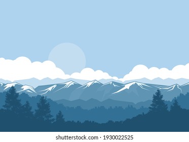 Mountains and forest, foggy landscape with snow-covered rock peaks, vector