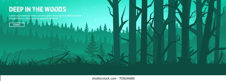 Mountains and forest header. Wild nature landscape. Travel and adventure.Panorama. Into the woods. Horizon line.Trees,fogfog.