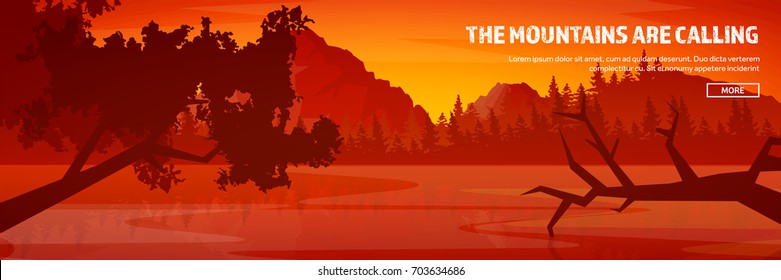 Mountains and forest header. Wild nature landscape. Travel and adventure.Panorama. Into the woods. Horizon line.Trees,fogfog.