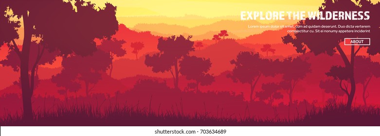 Mountains and forest header. Wild nature landscape. Travel and adventure.Panorama. Into the woods. Horizon line.Trees,fogfog.