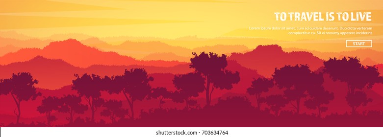 Mountains and forest header. Wild nature landscape. Travel and adventure.Panorama. Into the woods. Horizon line.Trees,fogfog.