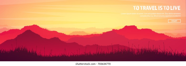 Mountains and forest header. Wild nature landscape. Travel and adventure.Panorama. Into the woods. Horizon line.Trees,fogfog.