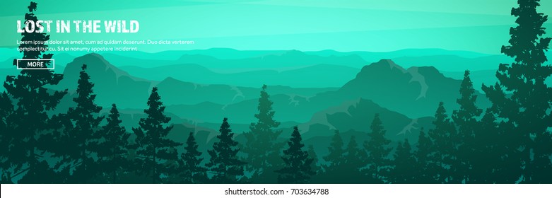 Mountains and forest header. Wild nature landscape. Travel and adventure.Panorama. Into the woods. Horizon line.Trees,fogfog.