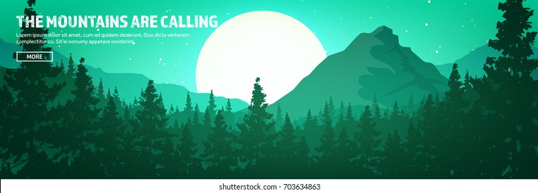 Mountains and forest header. Wild nature landscape. Travel and adventure.Panorama. Into the woods. Horizon line.Trees,fogfog.