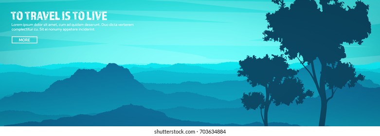 Mountains and forest header. Wild nature landscape. Travel and adventure.Panorama. Into the woods. Horizon line.Trees,fogfog.