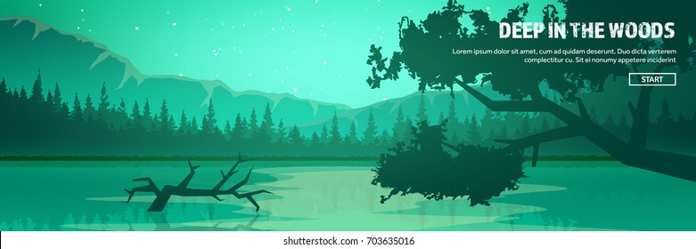 Mountains and forest header. Wild nature landscape. Travel and adventure.Panorama. Into the woods. Horizon line.Trees,fogfog.