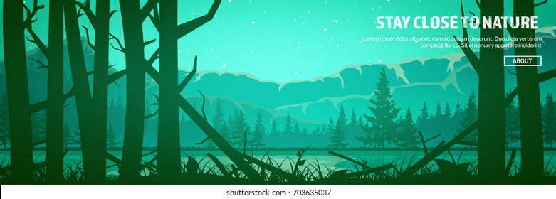 Mountains and forest header. Wild nature landscape. Travel and adventure.Panorama. Into the woods. Horizon line.Trees,fogfog.