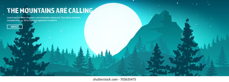 Mountains and forest header. Wild nature landscape. Travel and adventure.Panorama. Into the woods. Horizon line.Trees,fogfog.
